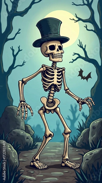 Fototapeta Dancing Skeleton Halloween. Cartoon skeleton in top hat under full moon with bat flying. vertical view.