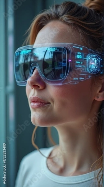 Fototapeta Futuristic VR Glasses. Woman wearing augmented reality smart glasses with holographic display. vertical view.