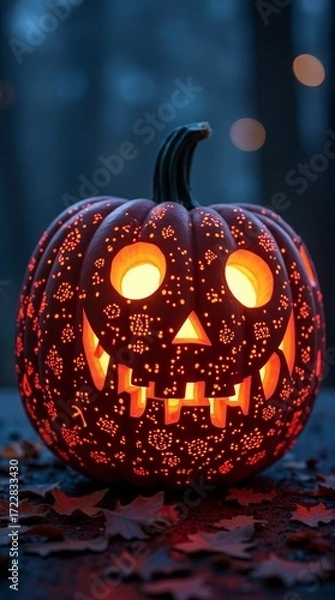 Fototapeta Halloween Pumpkin Lantern. Glowing carved jack-o'-lantern with detailed patterns on autumn leaves background. vertical view.