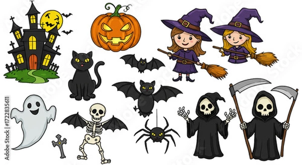 Fototapeta Halloween element set. Design for web banner, scrapbook, greeting card, invitation, poster, template, tag, stickers and party clipart.