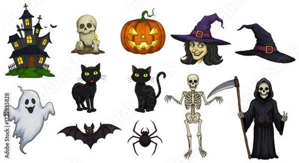 Fototapeta Halloween element set. Design for web banner, scrapbook, greeting card, invitation, poster, template, tag, stickers and party clipart.