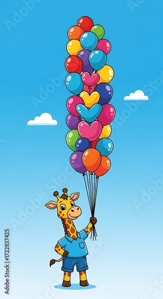 Fototapeta Cartoon Giraffe Floating with Balloons