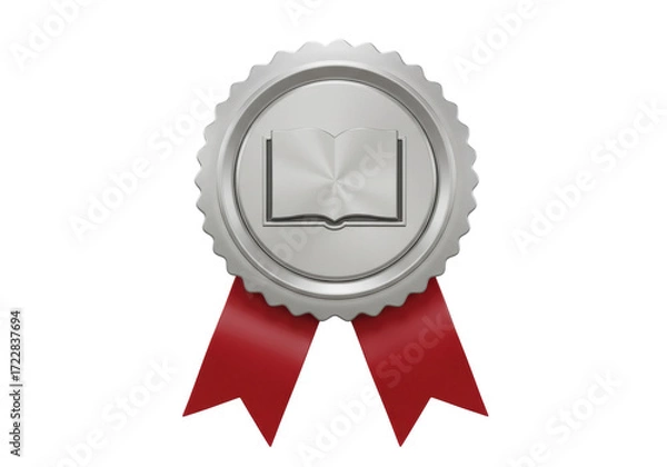 Fototapeta Isolated Silver Book Award Rosette with Red Ribbons, Achievement in Literature, Recognition