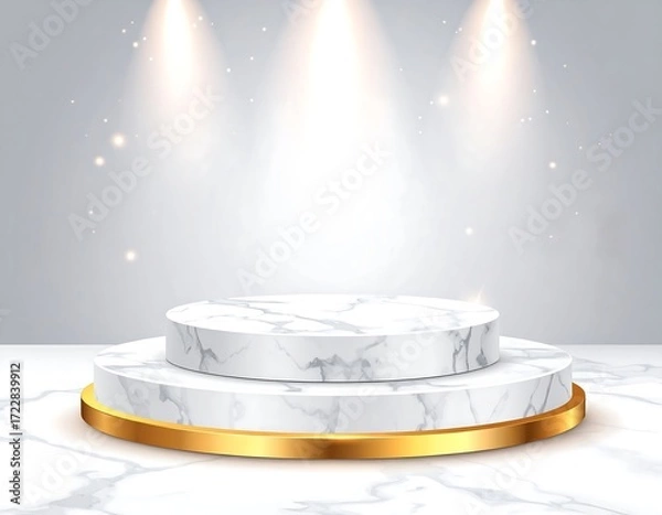 Fototapeta Elegant 3D Marble Podium with Golden Accents Illuminated by Spotlights