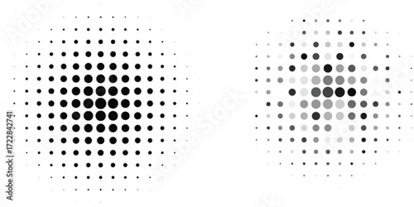 Fototapeta Set of dotted circles with halftone effect. Collection of round shapes with polka dot pattern isolated on white background. Simple design elements. Vector graphic ... See More halftone modern