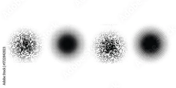 Fototapeta Set of dotted circles with halftone effect. Collection of round shapes with polka dot pattern isolated on white background. Simple design elements. Vector graphic ... See More halftone modern