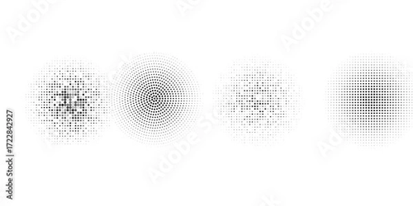Fototapeta Set of dotted circles with halftone effect. Collection of round shapes with polka dot pattern isolated on white background. Simple design elements. Vector graphic ... See More halftone modern