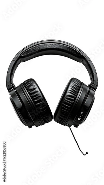 Obraz Black over-ear headphones, front view, with a flexible headband and padded earcups.  A small cable is visible