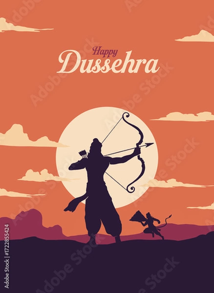 Fototapeta Happy Dussehra text layout with an illustration of Lord Rama's bow, arrow, and temple background for the Indian festival Dussehra.