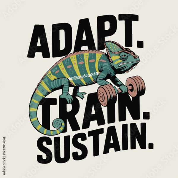 Fototapeta Motivational Chameleon Illustration:  Adapt, Train, Sustain;  Bold Typography,  Vibrant Color Palette,  Fitness and Perseverance Theme,  Hand-Drawn Style,  Inspirational Graphic Design,  Vector Art