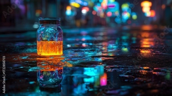 Fototapeta Neon jar reflected in puddle on rainy city street, cyberpunk vibes, horizontal composition
