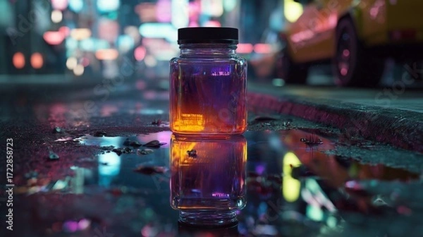 Fototapeta Neon jar reflected in puddle on rainy city street, cyberpunk vibes, horizontal composition