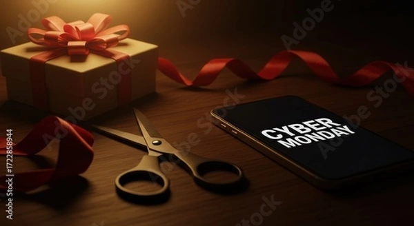 Fototapeta Gift wrapping scene with digital Cyber Monday promotion