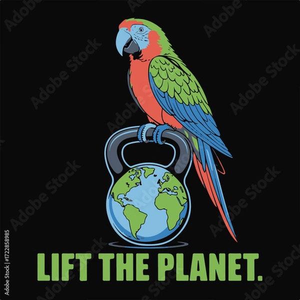 Fototapeta Vibrant Macaw Parrot Perched on Kettlebell Shaped Earth Globe;  Bold Graphic Style; Motivational, Environmental Conservation Theme;  Powerful, Uplifting Mood;  Perfect for Fitness, Sustainability