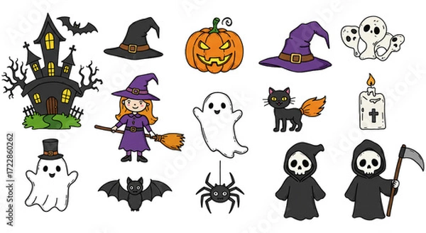 Fototapeta Halloween element set. Design for web banner, scrapbook, greeting card, invitation, poster, template, tag, stickers and party clipart.