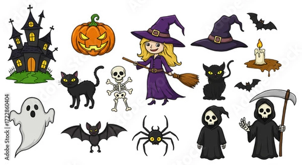 Fototapeta Halloween element set. Design for web banner, scrapbook, greeting card, invitation, poster, template, tag, stickers and party clipart.