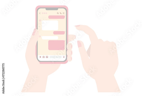 Fototapeta かわいい色のメッセージアプリを表示したスマホを操作する手