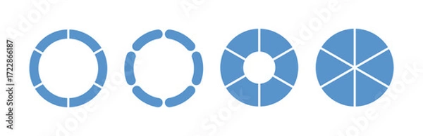 Fototapeta Circle division infographic icon set. Pie chart divided six equal parts. Blue ring, donut round diagram. Infographic wheel segment and fraction. Vector illustration isolated on white background.