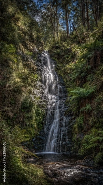 Obraz Waterfall Cascading Through Lush Green Forest