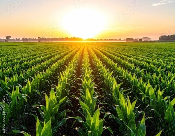Fototapeta Lush green crop field in rows stretches towards a golden sunrise, capturing peaceful rural scenery with bright sunlight and distant trees