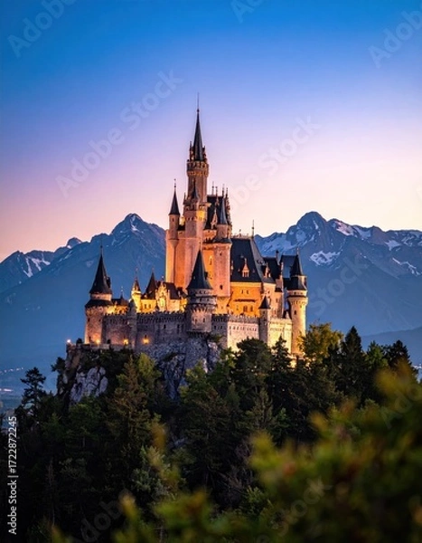 Fototapeta Ornate fairytale castle atop a tree-covered hill with snow-capped mountains in the background at dusk, illuminated warmly from below