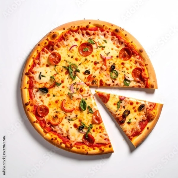Fototapeta Delicious circular pizza with a missing slice shows cheese, pepperoni, onion, basil, and black olives on a crisp crust, against a white background