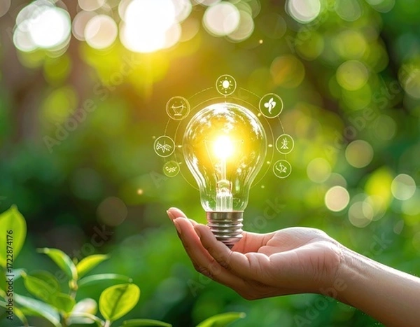 Fototapeta Hand holding a glowing light bulb with environmental icons in a lush green backdrop, symbolizing sustainable energy and ecology