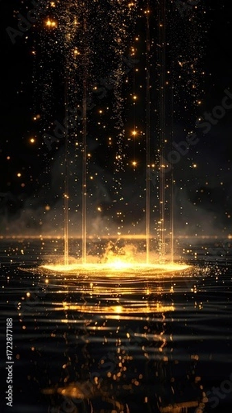 Fototapeta Luminous golden light beams shine on dark textured surface, reflecting in the ripples. Small sparkles fill dark sky, creating depth & atmosphere