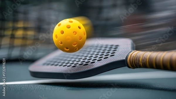 Obraz Yellow Pickleball and Paddle on Court