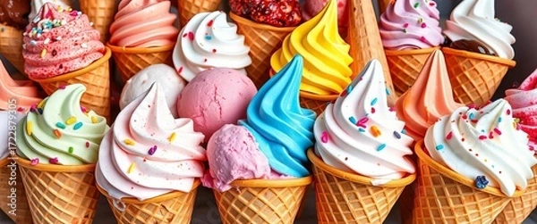 Fototapeta A colorful assortment of ice cream cones, various flavors and toppings,  cones,  background