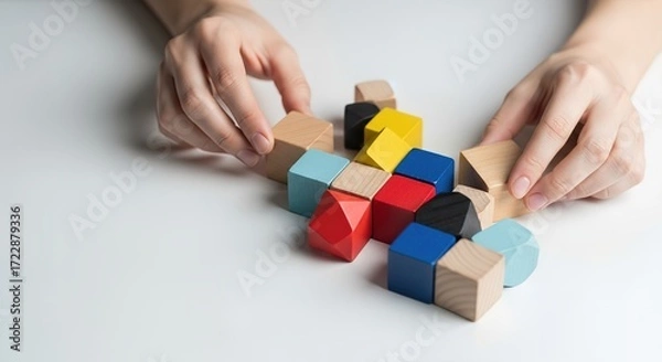 Fototapeta Hands Arranging Colorful Wooden Puzzle Blocks on White Surface