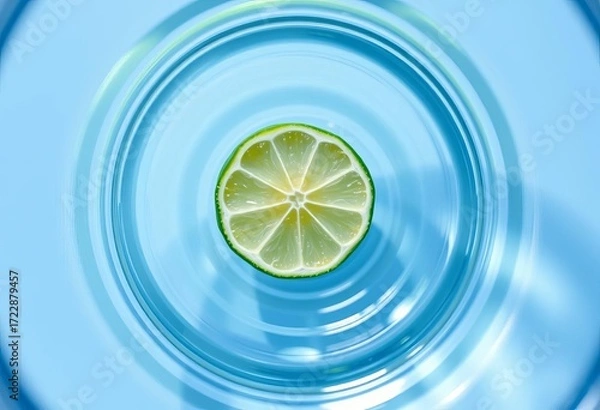 Fototapeta A lime wedge floats in a glass of clear water, creating concentric circles,  pattern,  nature
