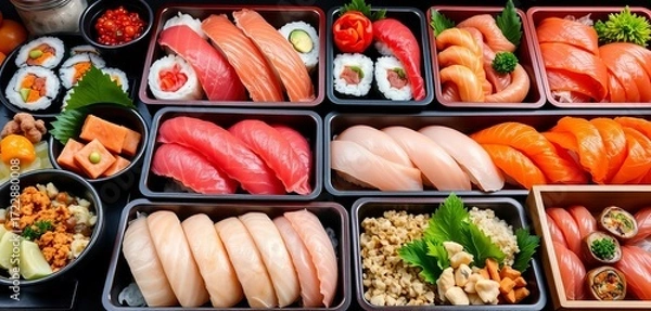 Fototapeta Assortment of fresh sushi, sashimi, and bento boxes displayed attractively,  wasabi,  variety