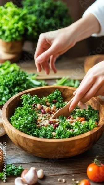 Fototapeta Hands preparing high-fiber salad with kale, beans, and quinoa in rustic kitchen style.