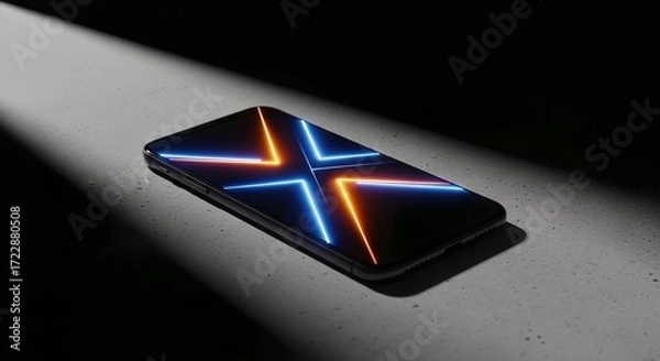 Fototapeta Smartphone with Neon X Display on Dark Surface