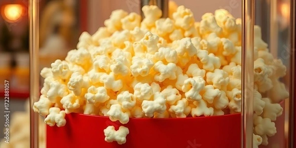 Fototapeta Fluffy popcorn kernels popping in a classic red popcorn machine, corn, family