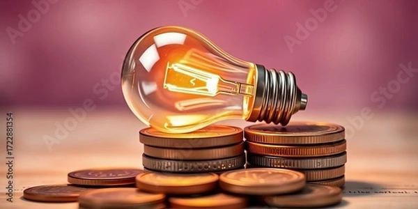 Fototapeta Glowing light bulb rests atop a stack of coins, idea, concept