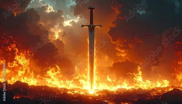 Obraz Sword in fiery landscape