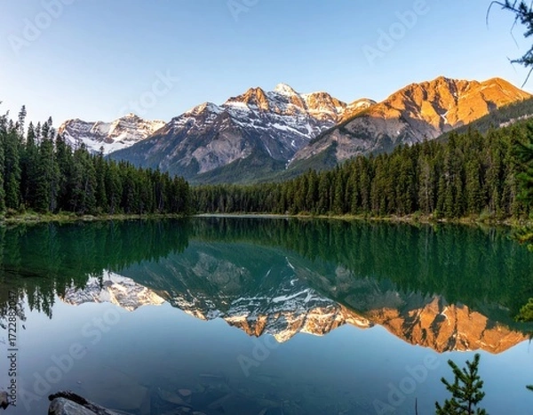 Fototapeta Calm lake reflecting snow-capped mountains and lush forest under a bright sky. The serene landscape evokes peace and natural beauty