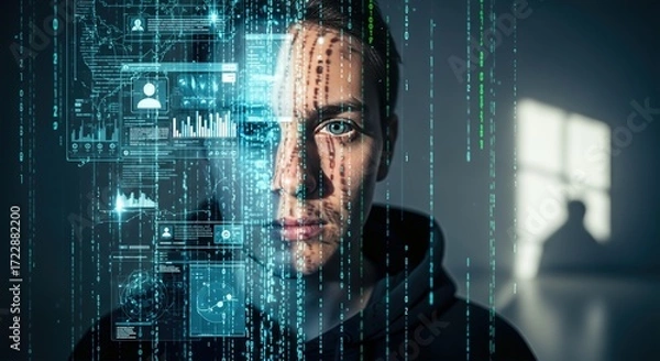 Fototapeta Man with Digital Data Overlay and Holographic Interface