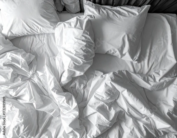 Fototapeta Wrinkled White Bedding in Soft Light