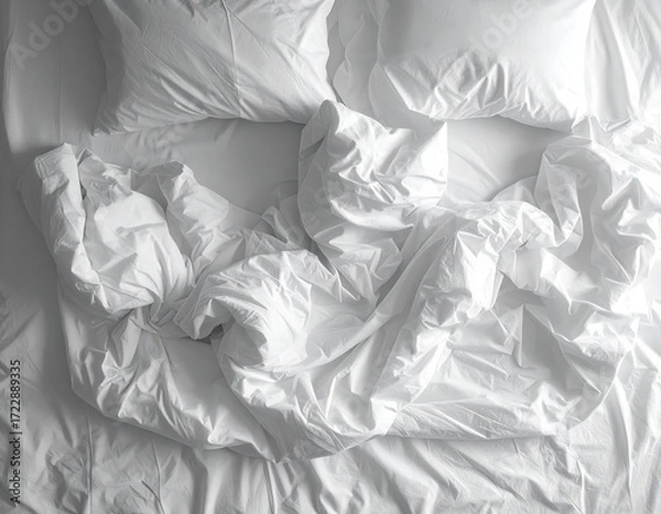 Fototapeta Soft White Bedding with Crumpled Sheets