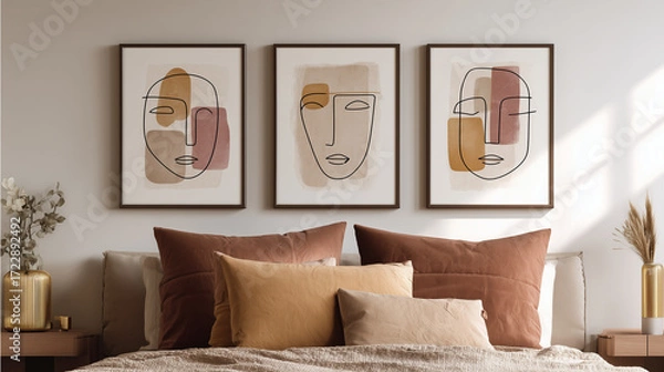 Fototapeta Modern Abstract Line Art Portraits Above Bed in Minimalist Boho Bedroom
