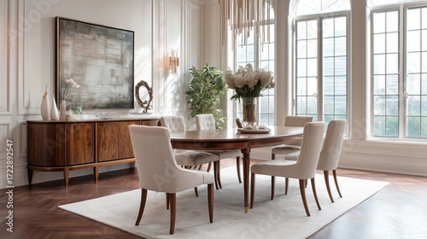 Fototapeta Elegant Neutral Dining Room with Wooden Furniture and Large Windows