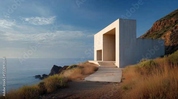 Fototapeta Minimalist Coastal House with Geometric Design Overlooking Ocean
