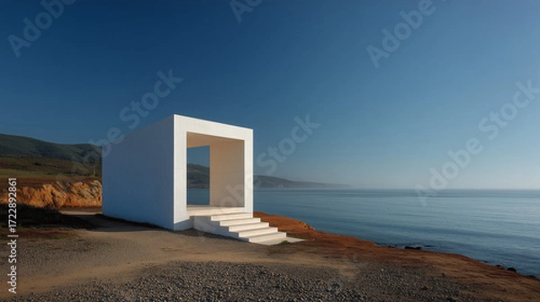 Fototapeta White Minimalist Pavilion with Ocean View and Clear Blue Sky