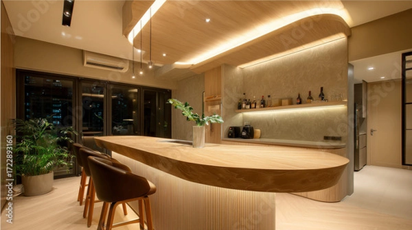 Fototapeta Modern Home Bar with Wooden Counter and Warm Ambient Lighting