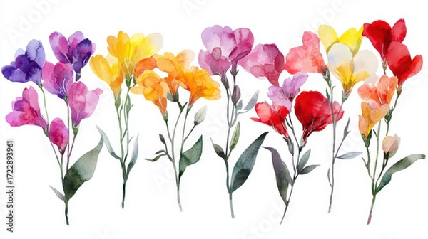 Fototapeta Vibrant watercolor flowers in various colors, showcasing beauty and elegance in botanical style. Perfect for decoration or design