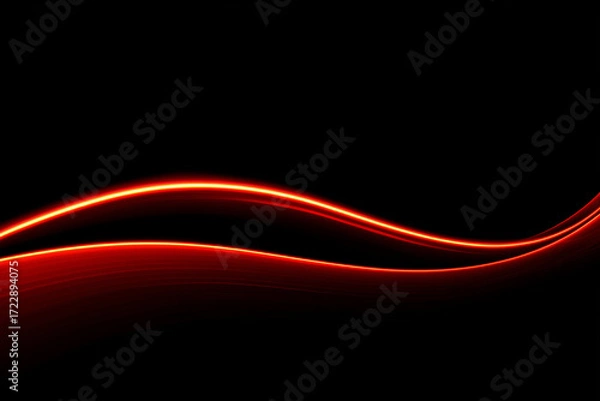 Fototapeta A modern minimal background featuring smooth glowing red neon wave lines against black, symbolizing energy and motion.