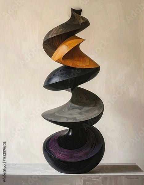 Fototapeta Abstract wooden sculpture, swirling forms in dark and light brown, orange, and purple
